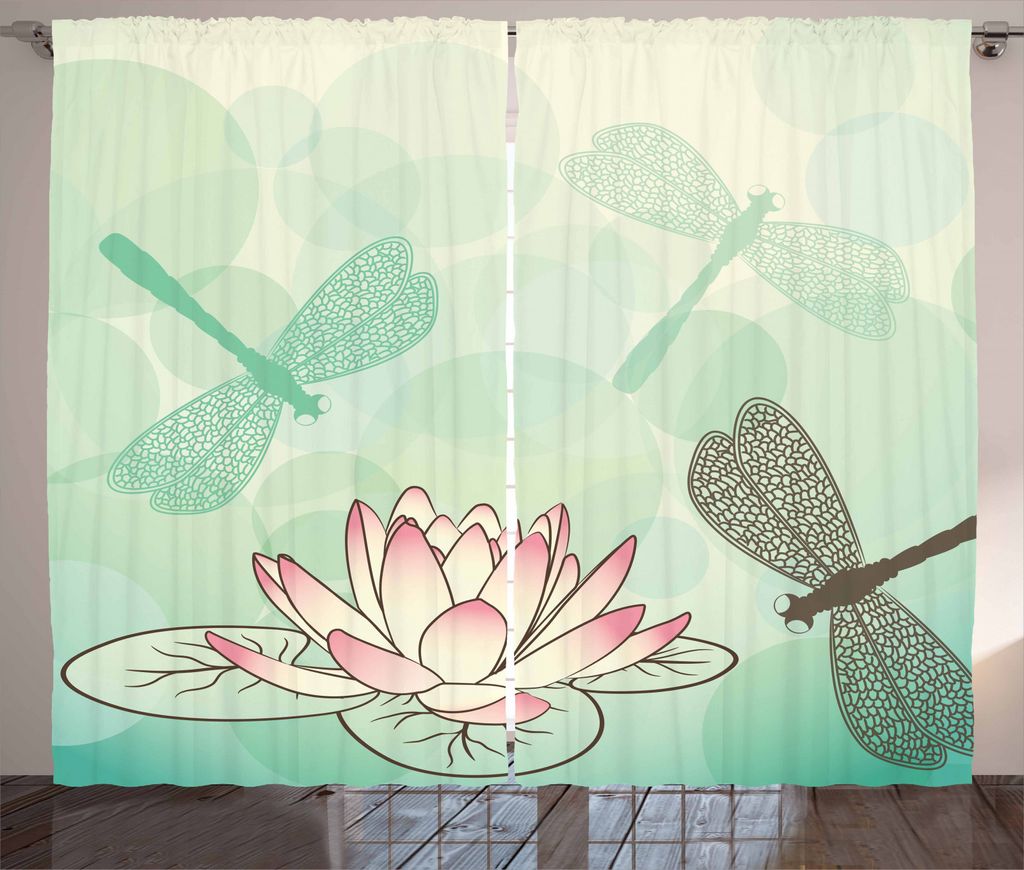 ABAKUHAUS Lotus Rustikaler Gardine, Exotische Lily Libellen, Schlafzimmer Kräuselband Vorhang mit Schlaufen und Haken, 280 x 245 cm, Mehrfarbig
