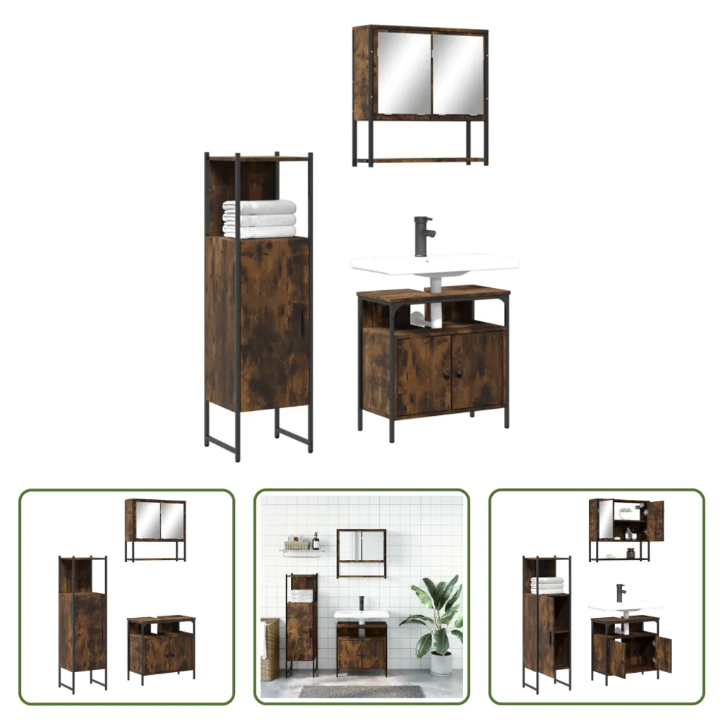 Aménagement Salle de Bain en Chêne Fumé : Meuble Vasque, Colonne et Miroir