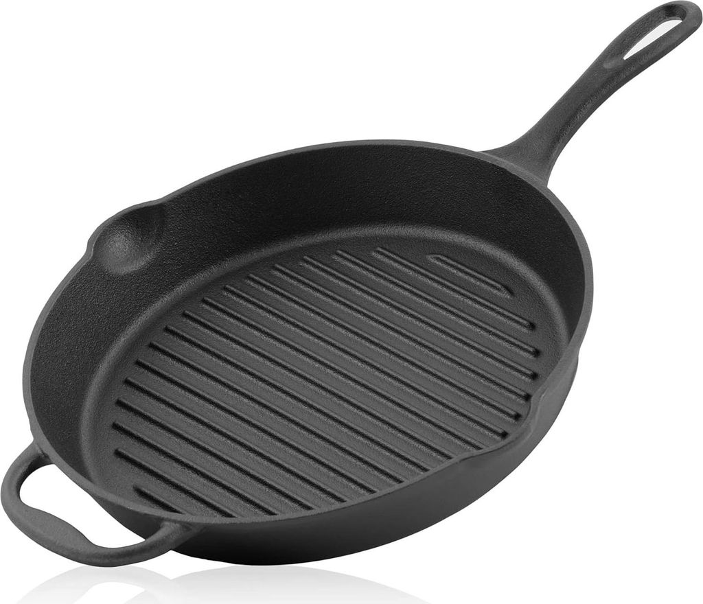 Bratpfanne 29cm mit Griff und zwei Ausgießern - gerillte Grillpfanne für den Ofen