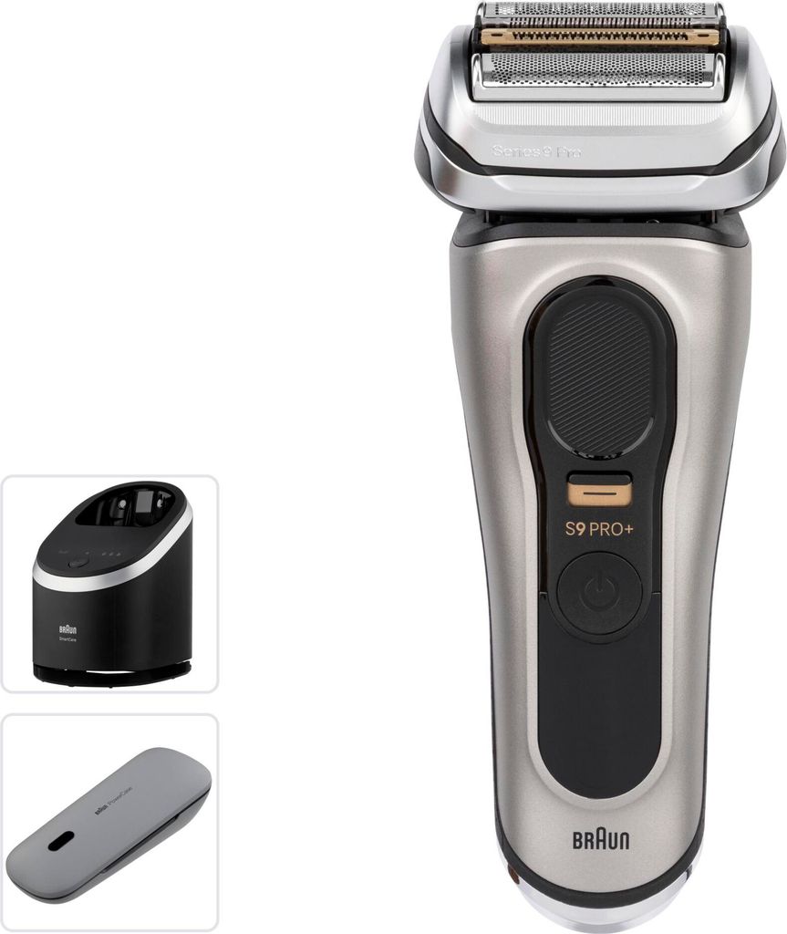 A studio shot of a Braun electric shaver and its accessories against a white background.