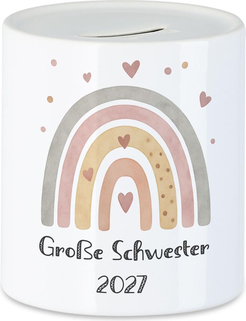 Große Schwester 2027 Boho Regenbogen Motiv Spardose Geschenk Herz Pastell Vintage Familie Geschwister