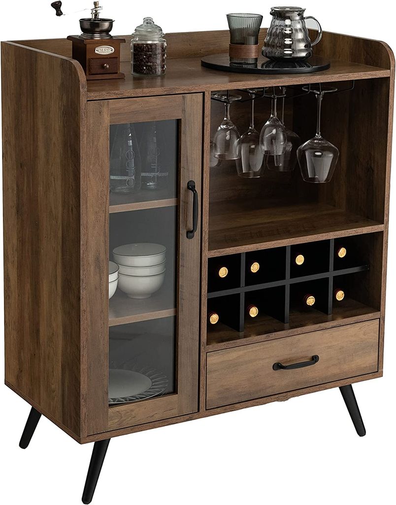 Industrielle Küchenrichte, Barschrank mit Weinregal für 8 Flaschen, Aufbewahrungsschrank aus Holz mit grossem Tablett, Glashalter, für Wohnzimme...
