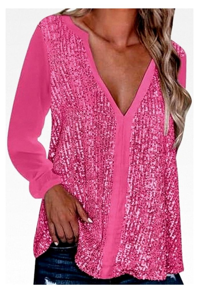 Glitzernde Oberteile für Damen mit Pailletten, V-Ausschnitt, festliche Tops, Langarmshirts, lässige Streetwear, einfarbige Freizeitoberteile für...