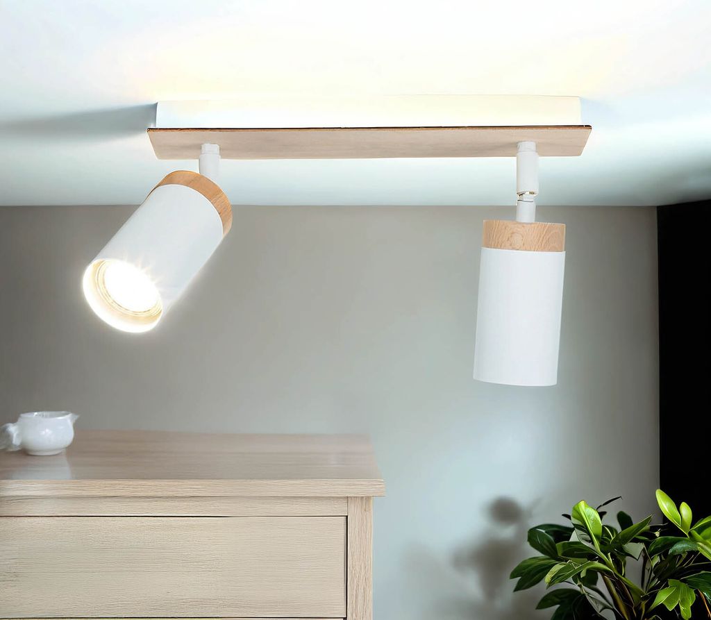 Weißer Decken Spot länglich Skandinavisch mit Holz wohnlich 2x GU10 Wohnzimmer Büro Lampe Beleuchtung