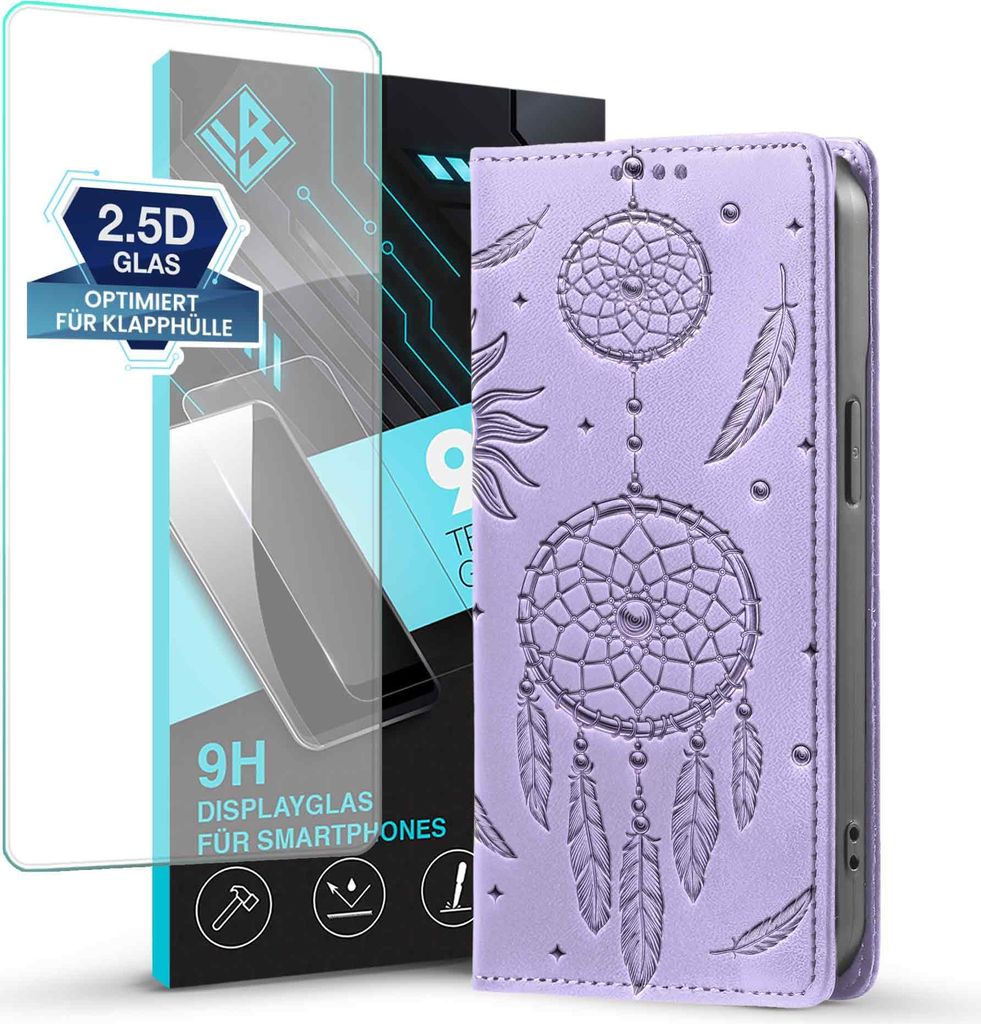 Handyhülle für Samsung Galaxy S25 FE RFID Schutz Klapphülle Case Cover Blumen Design Traumfänger Schutzhülle mit 9H Displayglas Farbe: Violett