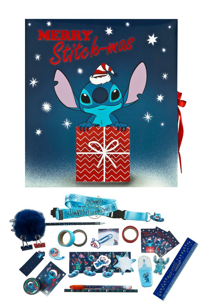 A Stitch adventskalender with various small stationery items.
