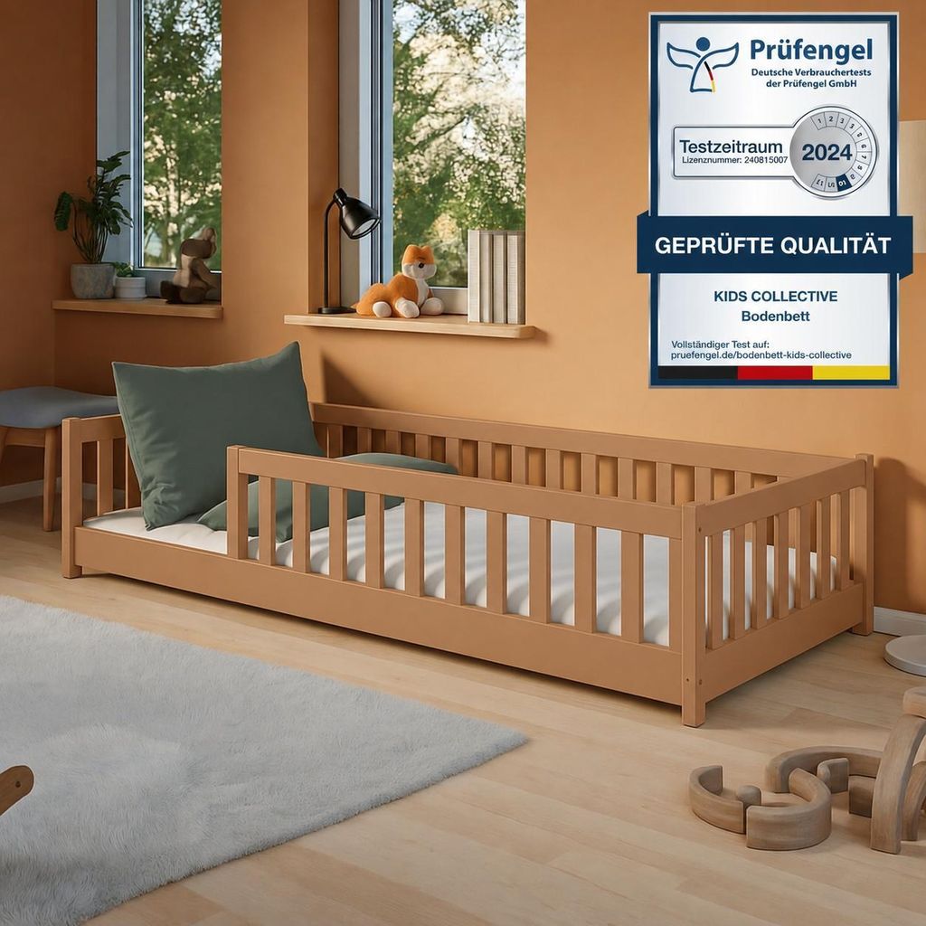 Kinderbett Bodenbett 80x160 cm mit Rausfallschutz, Matratze & Lattenrost Montessori Bett Bed Gitterbett Kinder Jugendbett Einzelbett | Zimt