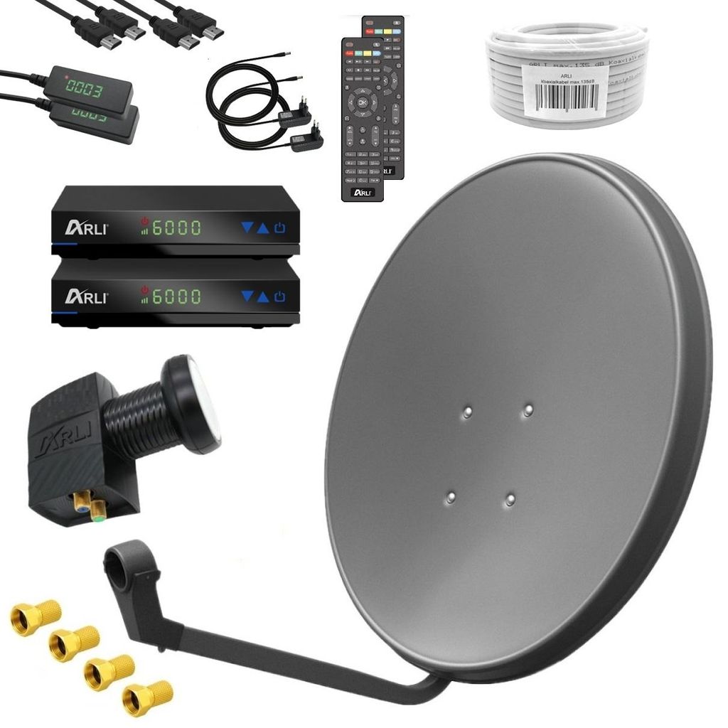 ARLI HD Sat Anlage 60 cm Grau Komplettset 2x Receiver + Twin LNB + 50 m Kabel + F-Stecker für 2 Teilnehmer DVB-S2 Full HD