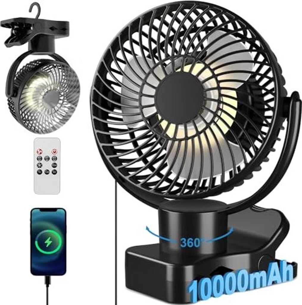 360 ° Oszillierende Clip -Lüfter -Fernbedienung - 10000 mAh Akku USB -Tabelle Tragbare Timer -Funktion und 4 Levels Ruhige Camping -Klemmventilat...