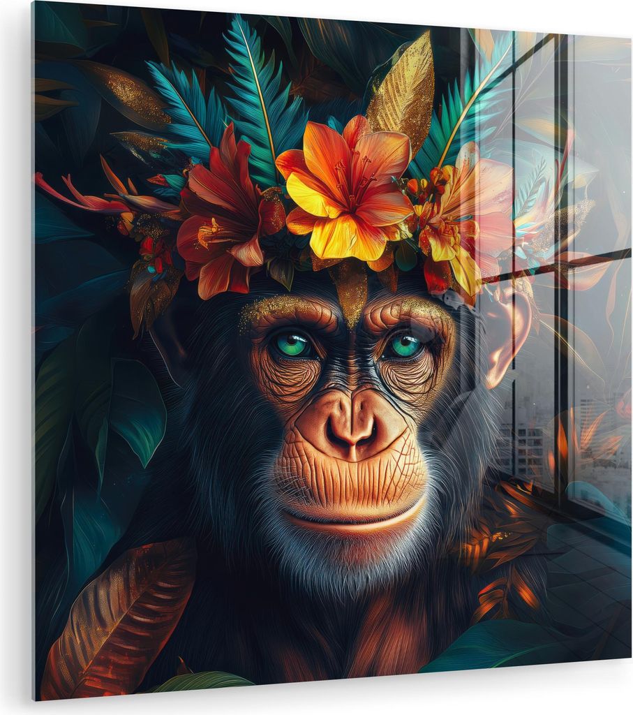 MuchoWow Glasbilder - Bilder auf Wandbild - Foto auf Glas Schimpanse - Affe - Dschungel - Blumen - Tier 90x90 cm Wanddekoration aus Glas - Acrylgla...
