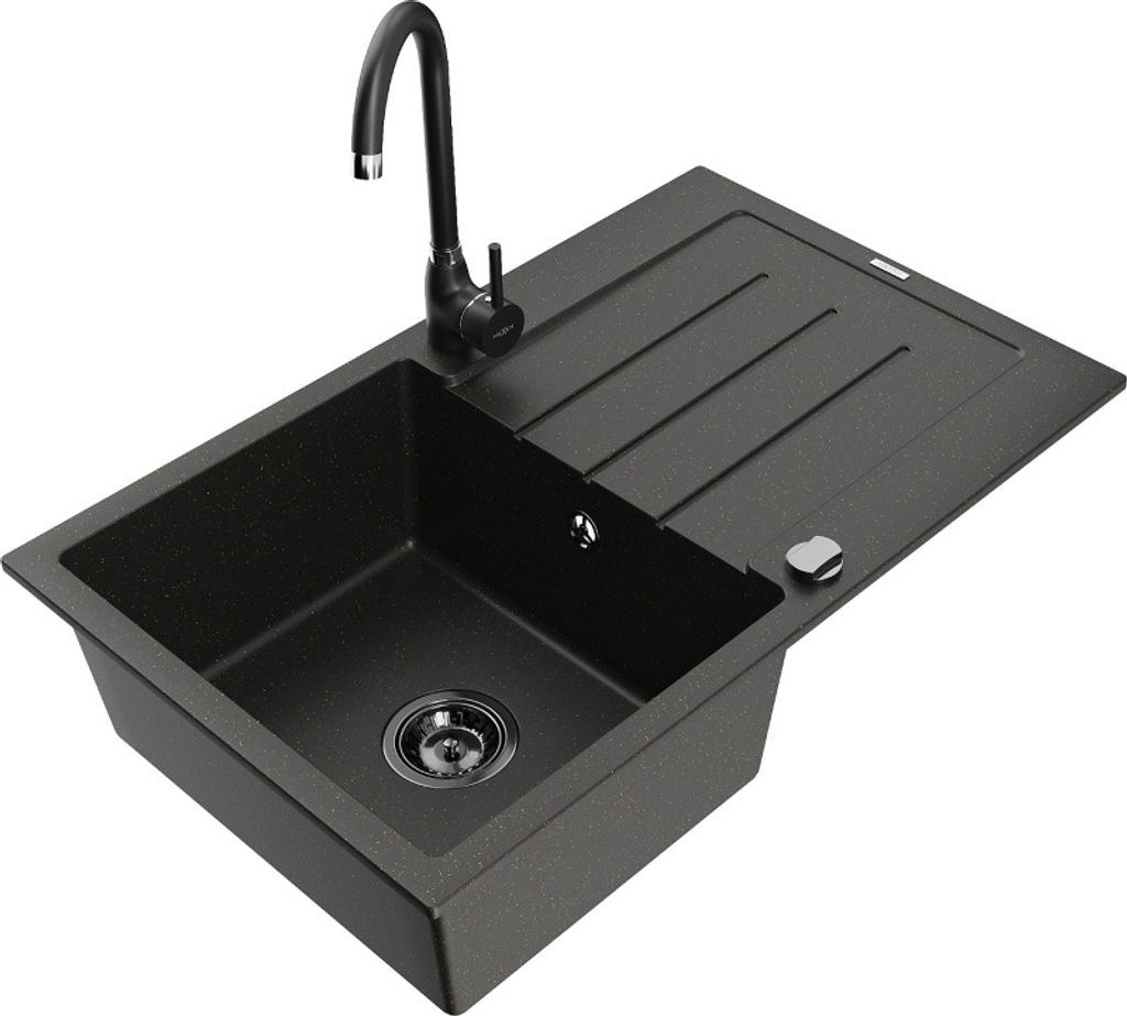 Mexen Bruno 1 Becken-Granitspüle mit Abtropffläche und Mischbatterie Telma, Schwarz/Gold - 6513-75-670200-70-B