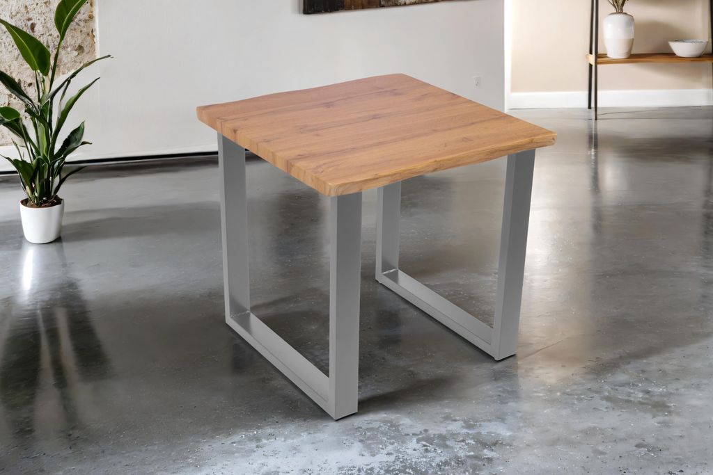 Esstisch 80x80 cm Baumkante Holz Wildeiche-Optik U-Gestell Metall silber JOSY