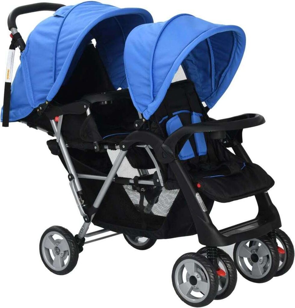 vidaXL Poussette tandem acier bleu et noir Image du produit 