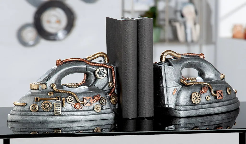 Serre-livres robustes Steampunk argent résine pour livres lourds 24cm