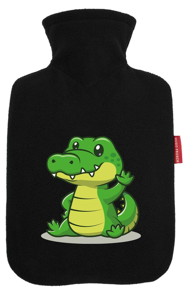 Huuraa Wärmflasche Krokodil Comic 1,8 Liter Black Classic Veloursbezug Bettflasche Geschenkidee