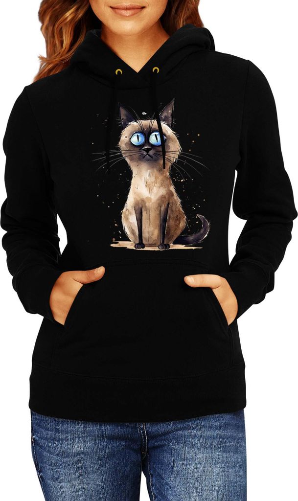 Damen Kapuzenpullover Funny Cats Breeds Thai Cat, Lady L / Schwarz