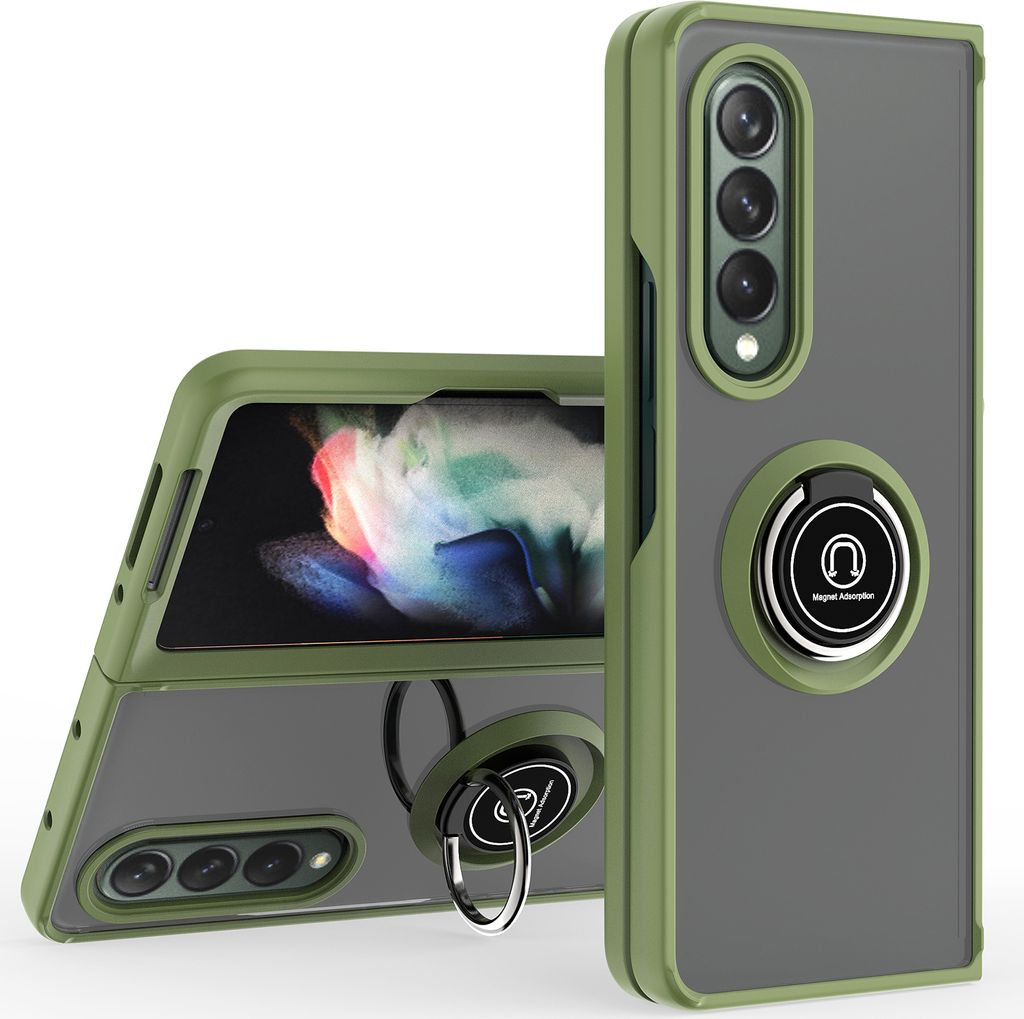 Samsung Z Fold4 Hülle, Ring Halter Ständer Matte Transluzent TPU Rahmen Stoßfest Schutzhülle für Samsung Galaxy Z Fold 4 5G Grün