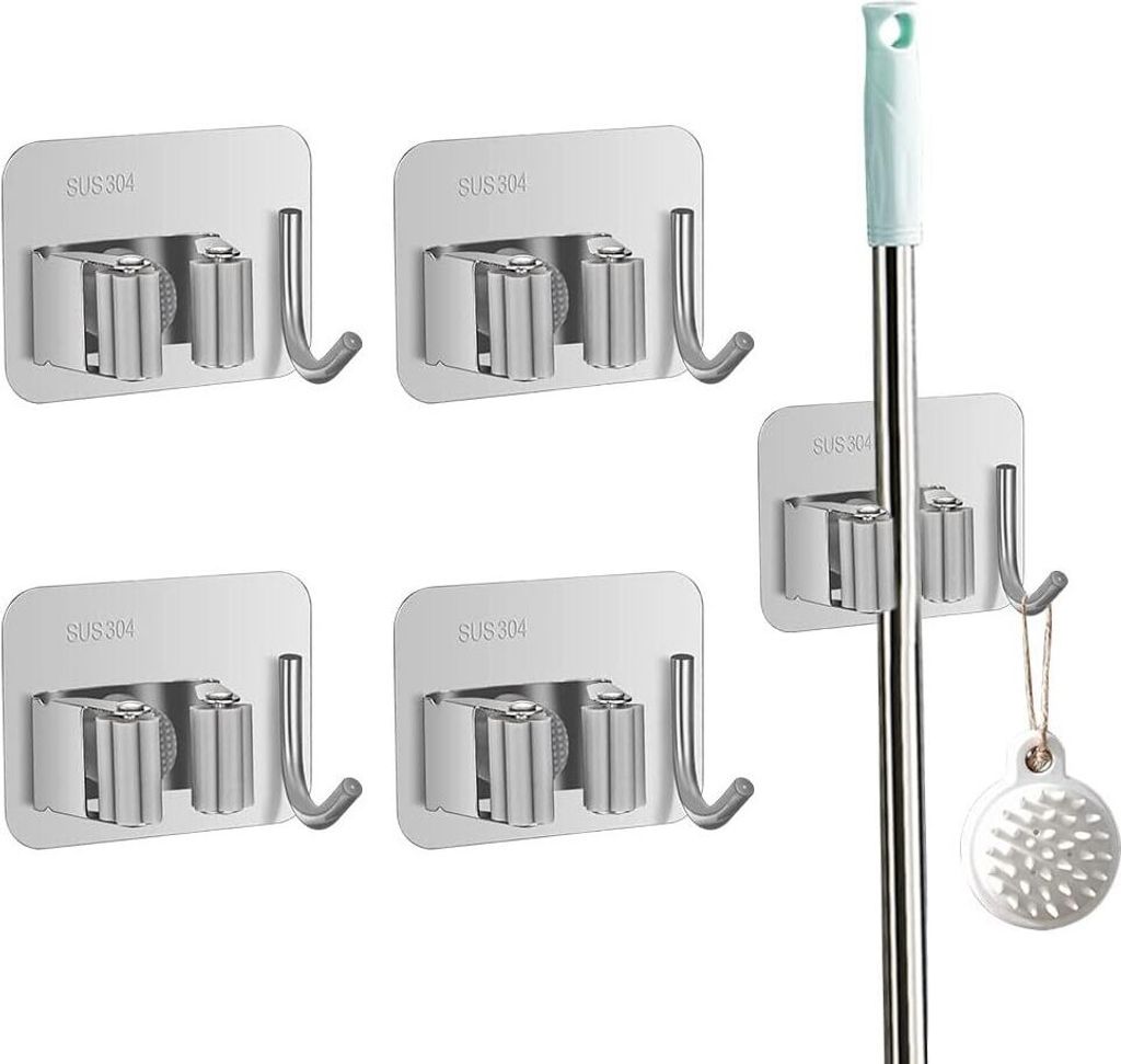 Mop Halter Besenhalterung Wand, 4 Stück Besenhalter Selbstklebend, Wandhalterung Besen Gerätehalter Edelstahl, Besen Halter Organizer Ohne Bohren...