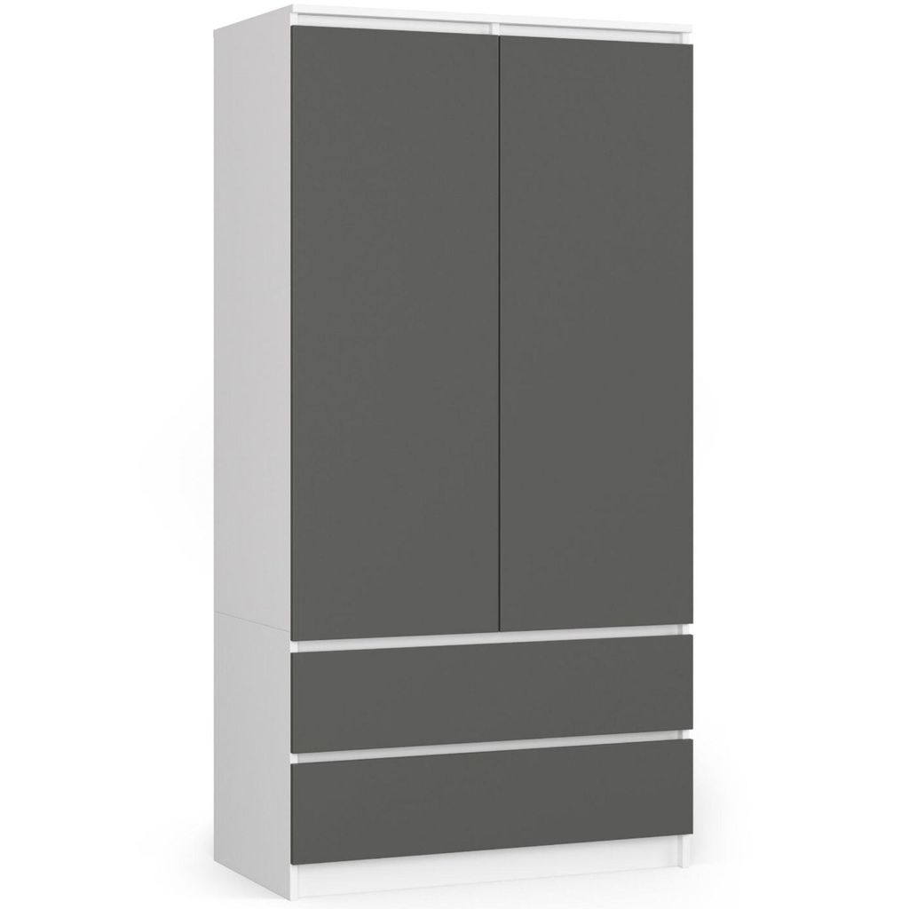 Kleiderschrank – Schlafzimmerschrank – Schrank mit Kleiderstange – Weiß / Graphit – 90 cm – Eleganter Drehtürenschrank mit 2 Türen und...