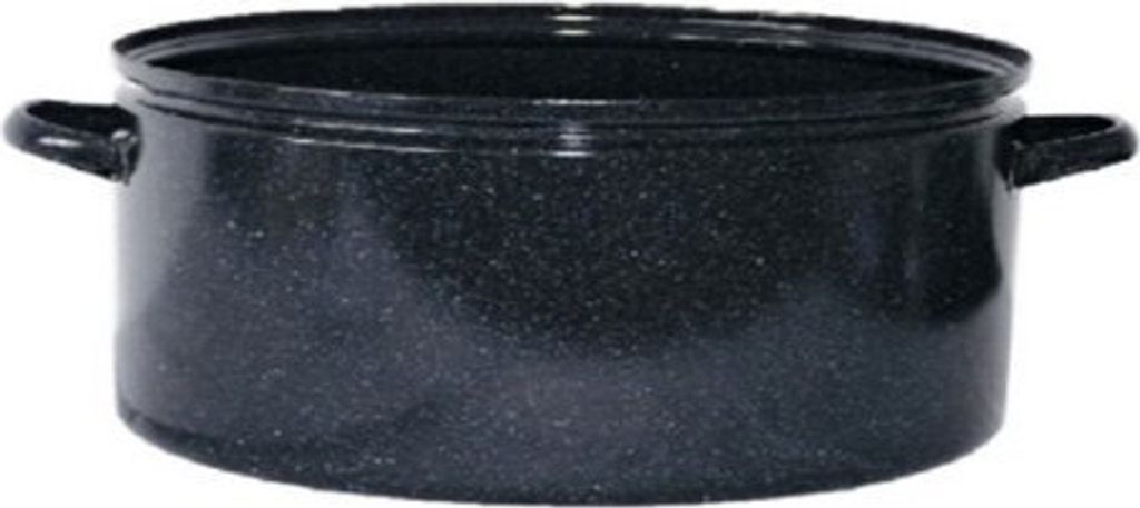 A black enamel pot with handles on a white background.