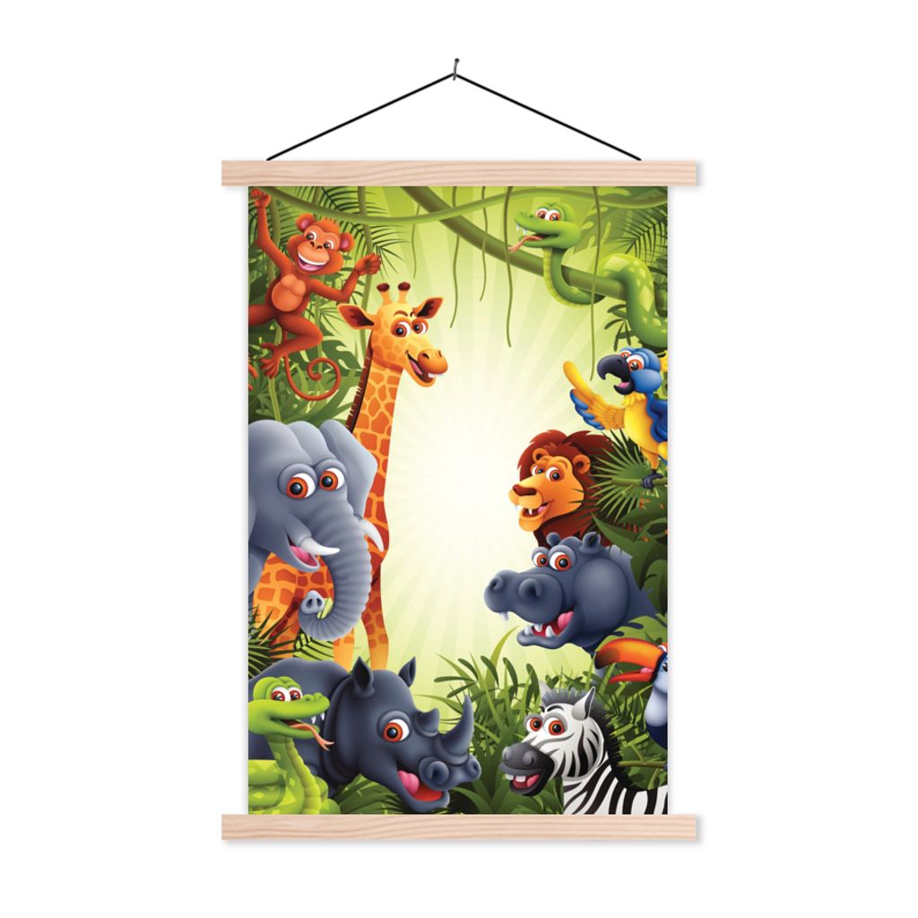 MuchoWow Textilposter Dschungel - Jungen - Mädchen - Baby - Elefant - Löwe - Giraffe 120x180 cm mit holzfarbenen Rahmen - Textil-Plakat