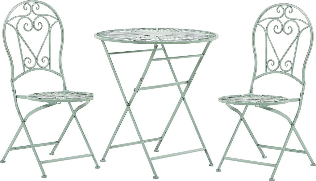 A green metal bistro set with two chairs and a table on a white background.