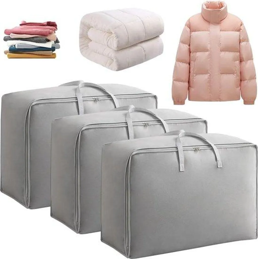 Lot de 3 bacs de rangement 70L avec poignées et fermeture éclair gris