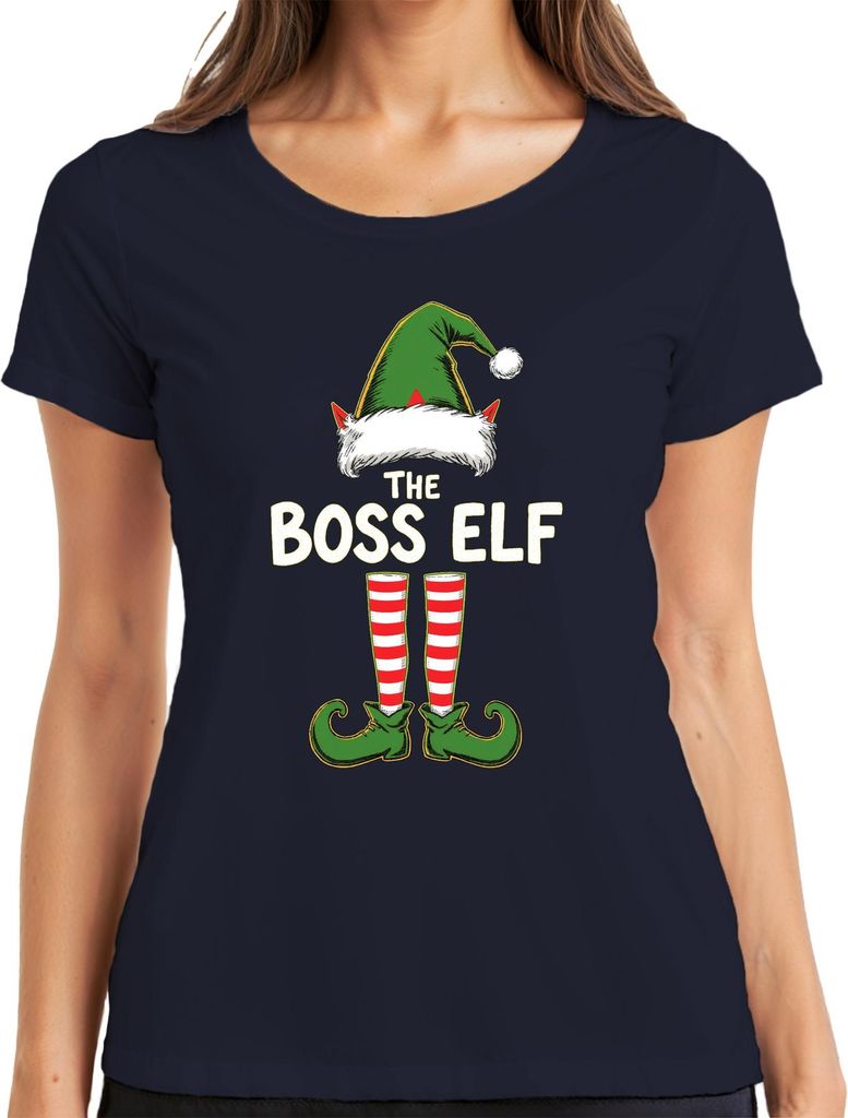 THE BOSS ELF Weihnachtswichtel Weihnachtshut Elfenstiefel Humor Damen T-Shirt, Navy, S