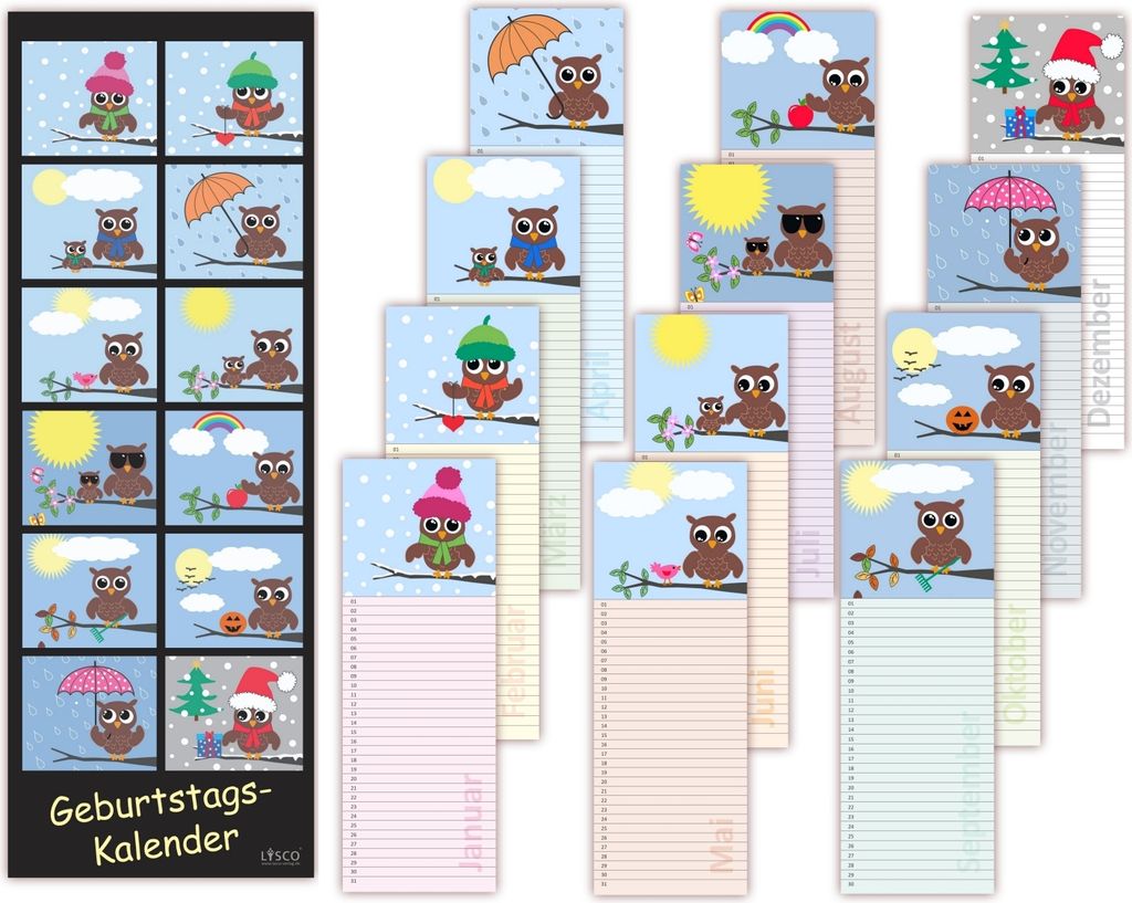 Eulen Geburtstagskalender Eulenkalender neutral und jahresunabhängig mit 12 Monaten, Format 105x297mm, hervorragende Ausführung, gut beschreibbar...