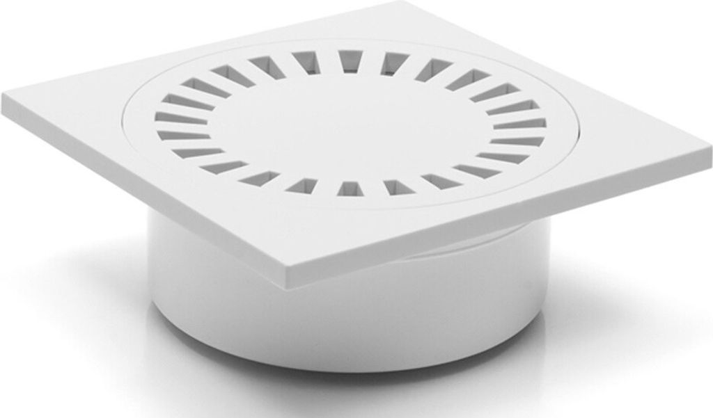 A white square shower drain with a circular grate is shown against a white background.