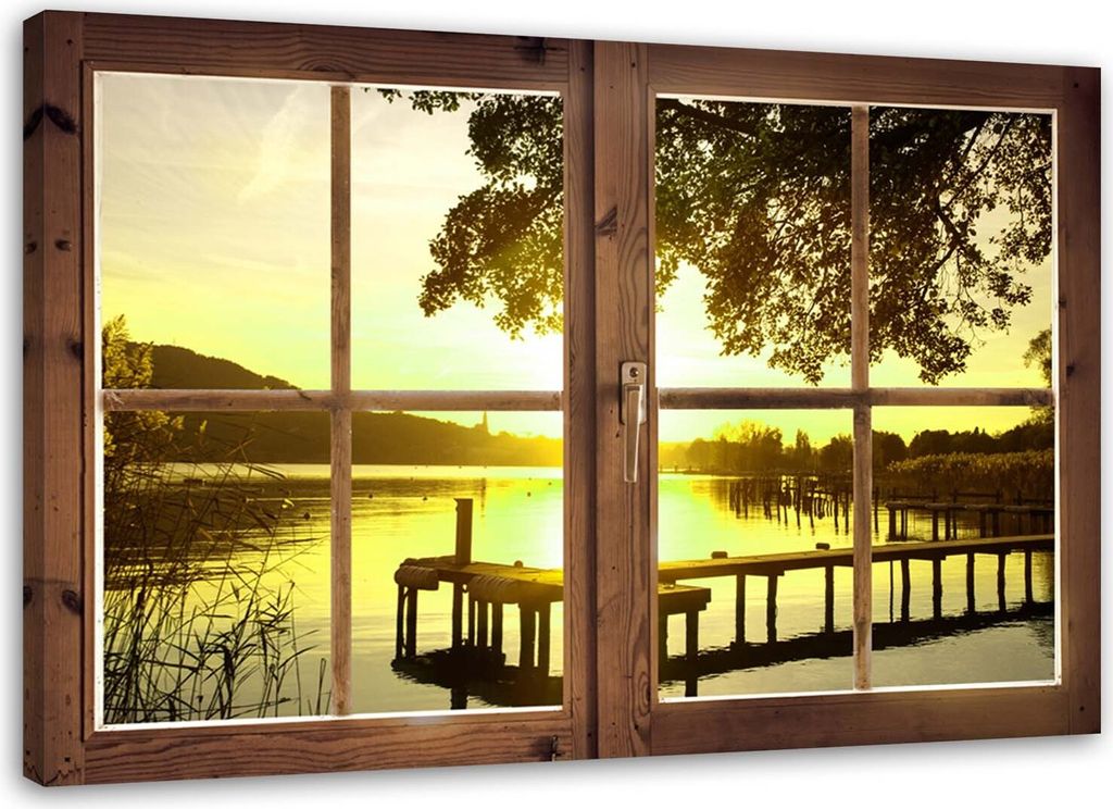 Leinwandbild fenster - sonnenuntergang über der seebrücke 60x40 cm Feeby gelb wandbild bereit zum aufhängen
