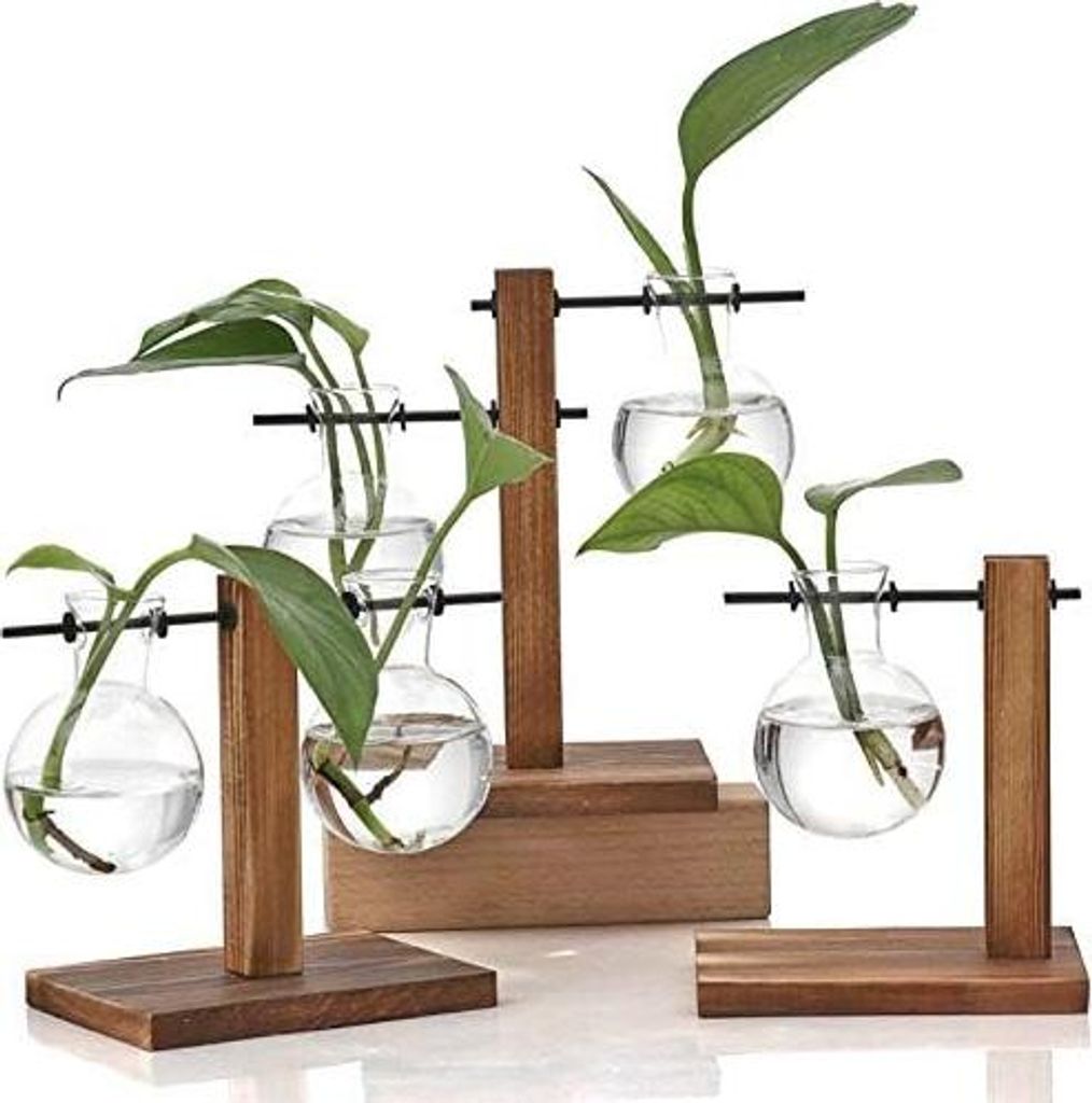 WUWEOT 3 Stück Hydroponik Glasvase mit Holz Halter Hängevase Blumenvase Tischvase Dekovase Birne Vintage Avocado Vase mit Holzständer Dekoration...