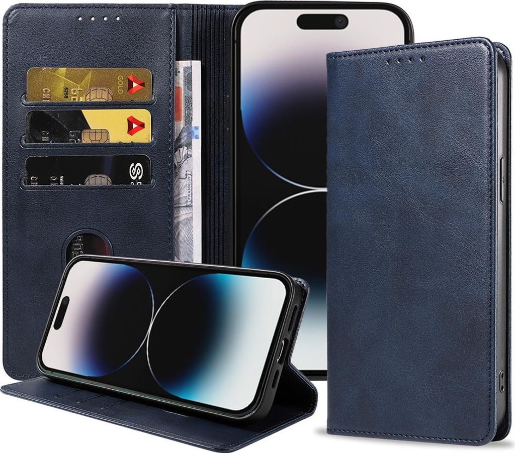 Smartphonica iPhone 14 Pro Kunstledertasche mit Magnetverschluss und Kartenhaltern Buchhülle - Blau