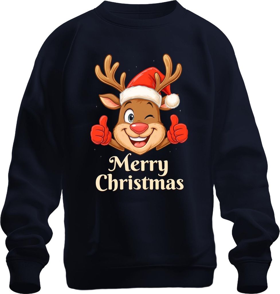 Merry Christmas niedlich Rentier Santa Hut Cartoon Familie Kinder Uni Sweatshirt Pullover, Navy, S