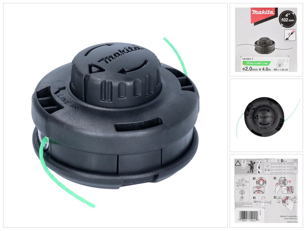 A collage of images showing a string trimmer head, its packaging, and instructions.