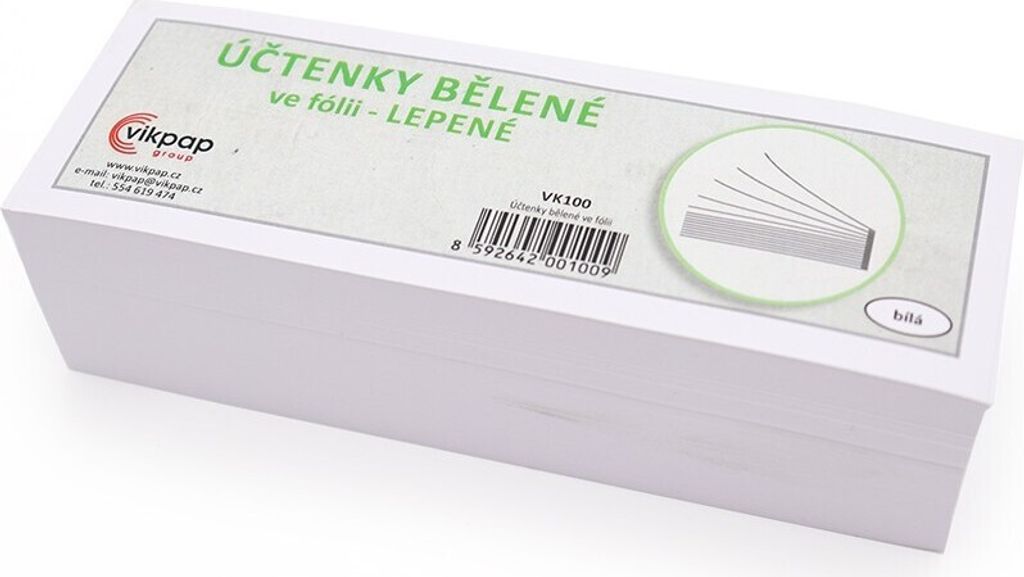 A stack of white paper receipts in packaging, with a label on top.