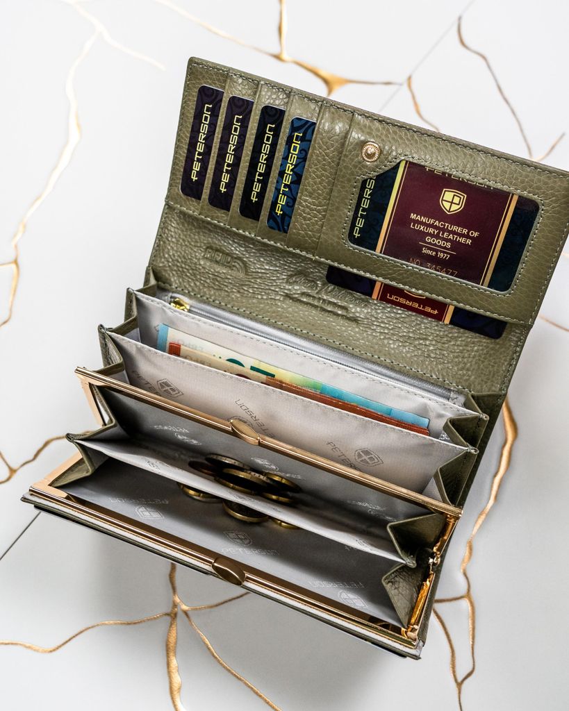 Portefeuille En Cuir Verni Doré Pour Femme Peterson - Avec Protection RFID - Dimensions 19,5x10 Cm - Neuf Avec étiquettes