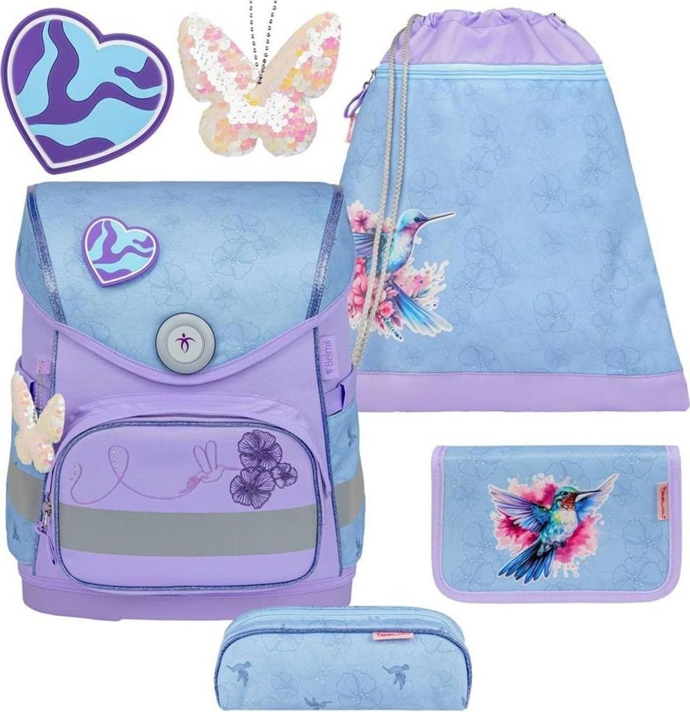 Belmil Compact ergonomisches Schulranzen-Set 5-teilig "Tropical Hummingbird" mit Brustgurt, Magnetverschluss, einem Patch