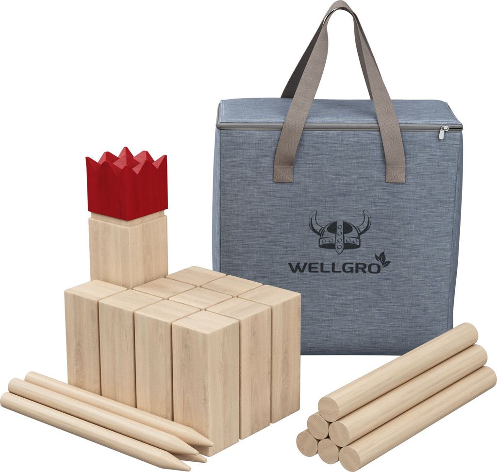 WELLGRO XL Kubb Spiel - 2-12 Spieler, massiv Holz, roter Produktbild 1
