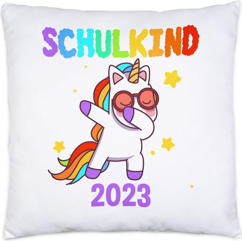 Schulkind 2023 Kissen Inkl. Füllung Einschulungsgeschenk Einhorn Unicorn Fans Buntes Motiv Regenbogen