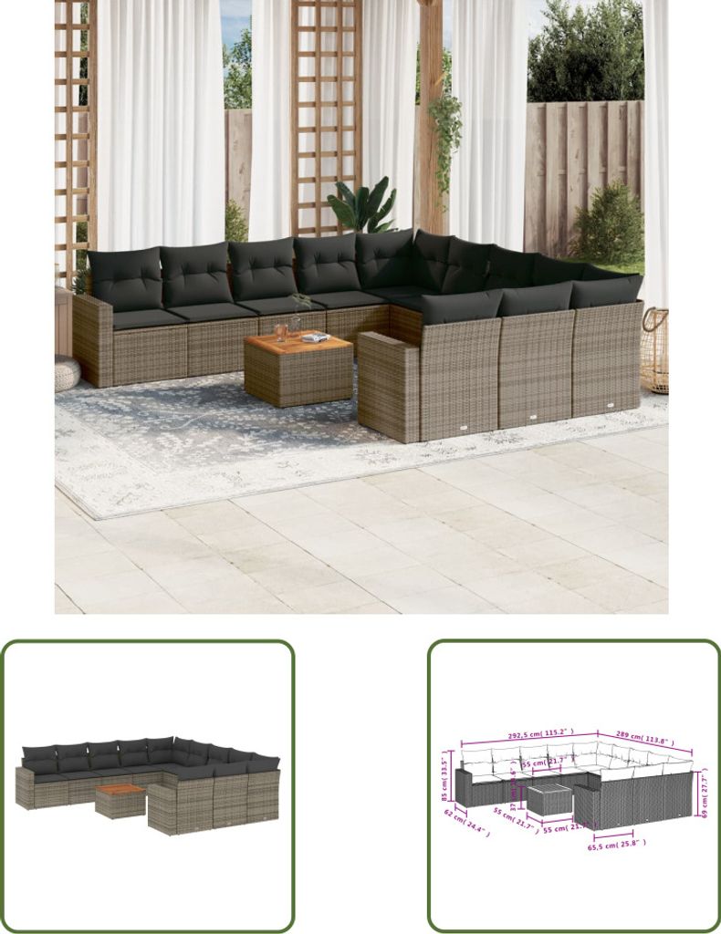 The Living Store 12-tlg. Garten-Sofagarnitur mit Kissen Grau Poly Rattan