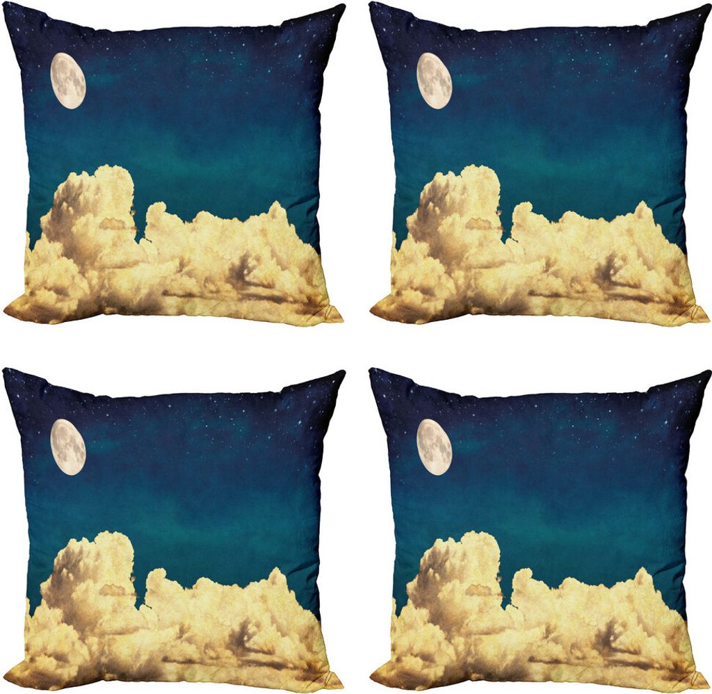 ABAKUHAUS Nachthimmel Kissenbezug Set (4 Stück), Sterne Vollmond Wolke, Moderner Doppelseitiger Digitaldruck, 45 cm x 45 cm, Dunkelblau Weiß