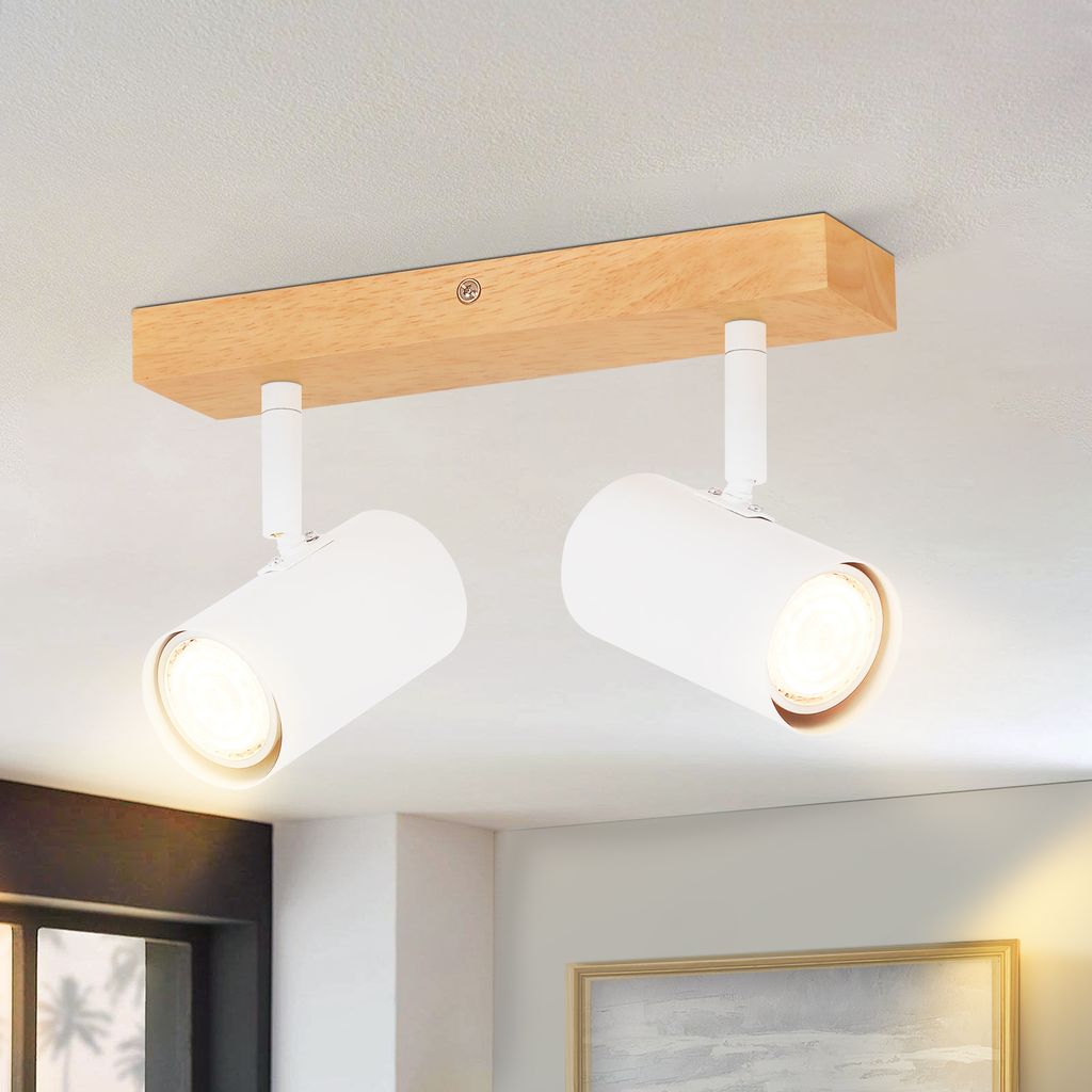 ZMH Deckenleuchte Weiß Deckenstrahler 2 Flammig Holz Deckenlampe GU10 Deckenspots Schwenkbar 350° Spotslight für Wohnzimmer Schlafzimmer Küchen...