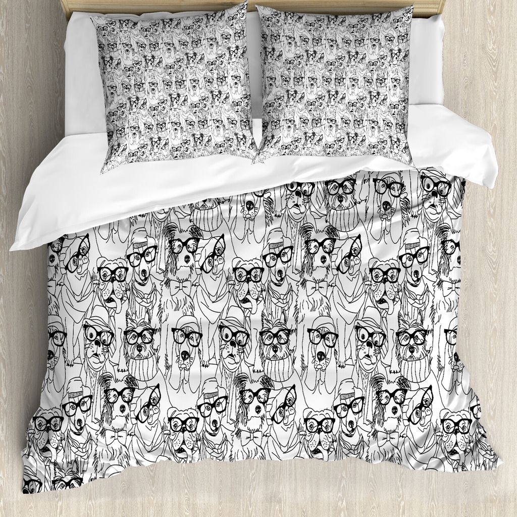ABAKUHAUS Hund Bettbezug, Terrier und Mops, Milbensicher Allergiker geeignet mit Kissenbezügen, 155 cm x 220 cm - 80 x 80 cm, Schwarz-Weiss