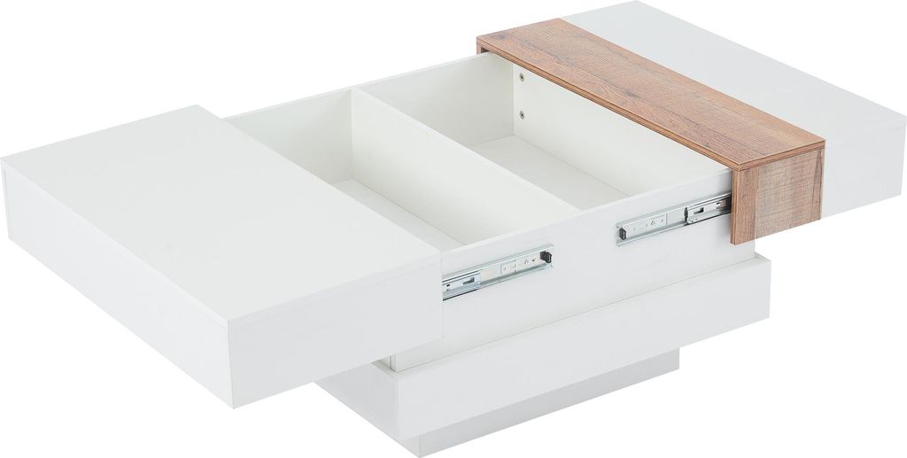 STILVORA Couchtisch mit ausziehbarer Tischplatte,Kaffeetisch mit verstecktem Stauraum und Trennwänden,Quadratischer Sofatisch,weiß+Holzfarbe