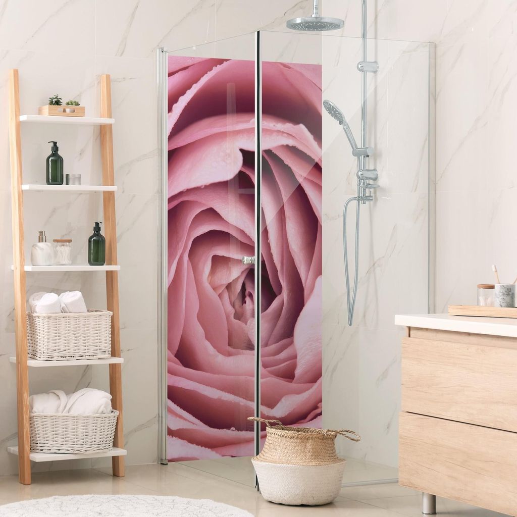 Duschrückwand mit Motiv selbstklebend - 0.61 mm Wandpaneel wasserfest Rose rosa Landhaus Badrückwand fugenlos Premium matt 90x190 cm
