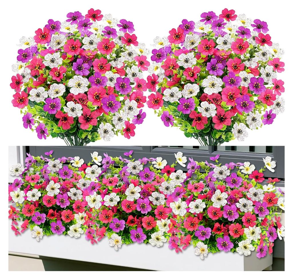 Künstliche Balkonpflanzen, 6 Sträuße mit 3 Farben Kunstblumen für den Außenbereich, wetterfeste Kunstblumen, UV-beständige Balkonpflanzen fü...