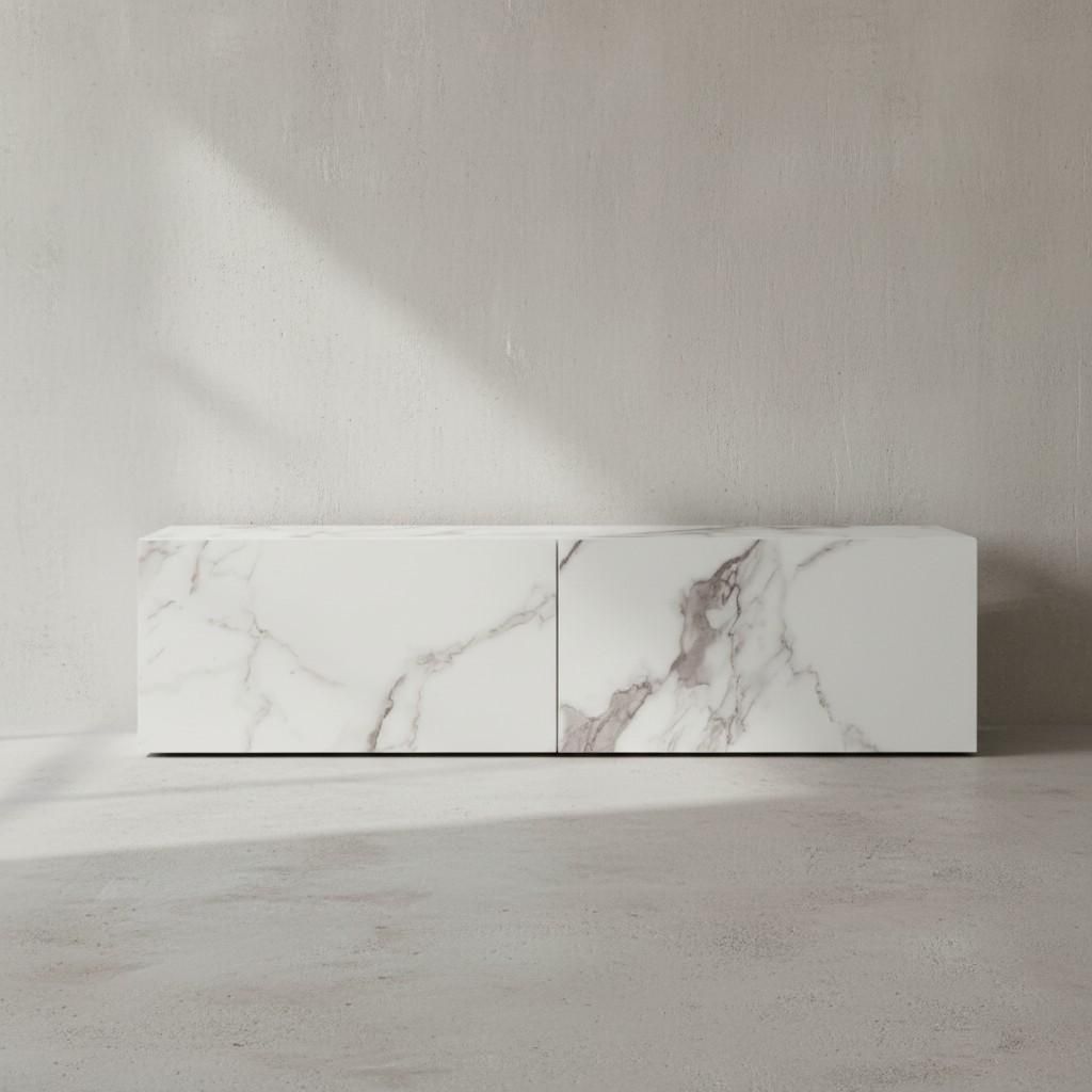 Lowboard Hängend Marmor-Optik Weiß 120x30x30 cm TV-Schrank, Design Fernsehtisch mit Klapptüren Modern, Fernsehschrank Wand, TV-Kommode Fernsehko...