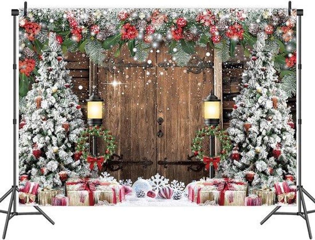 Winterliche Hintergrund Nachbildungation 7x5ft Rustikaler Holzschuppen Holztür Weihnachtsfotografie Hintergrund Weihnachtsbaum Schnee Geschenk Kin...