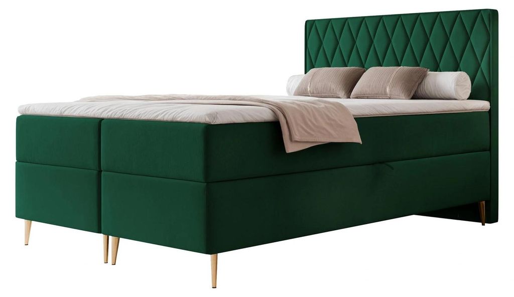 Boxspringbett PONTI II 120x200 Rautensteppung Bettkasten Bonellmatratze Samt Flaschengrün